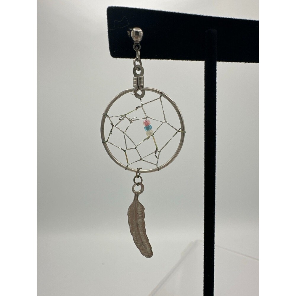 Vintage Silver-Tone Dreamcatcher Dangle‎ Earring Feather Charm Beads Boho